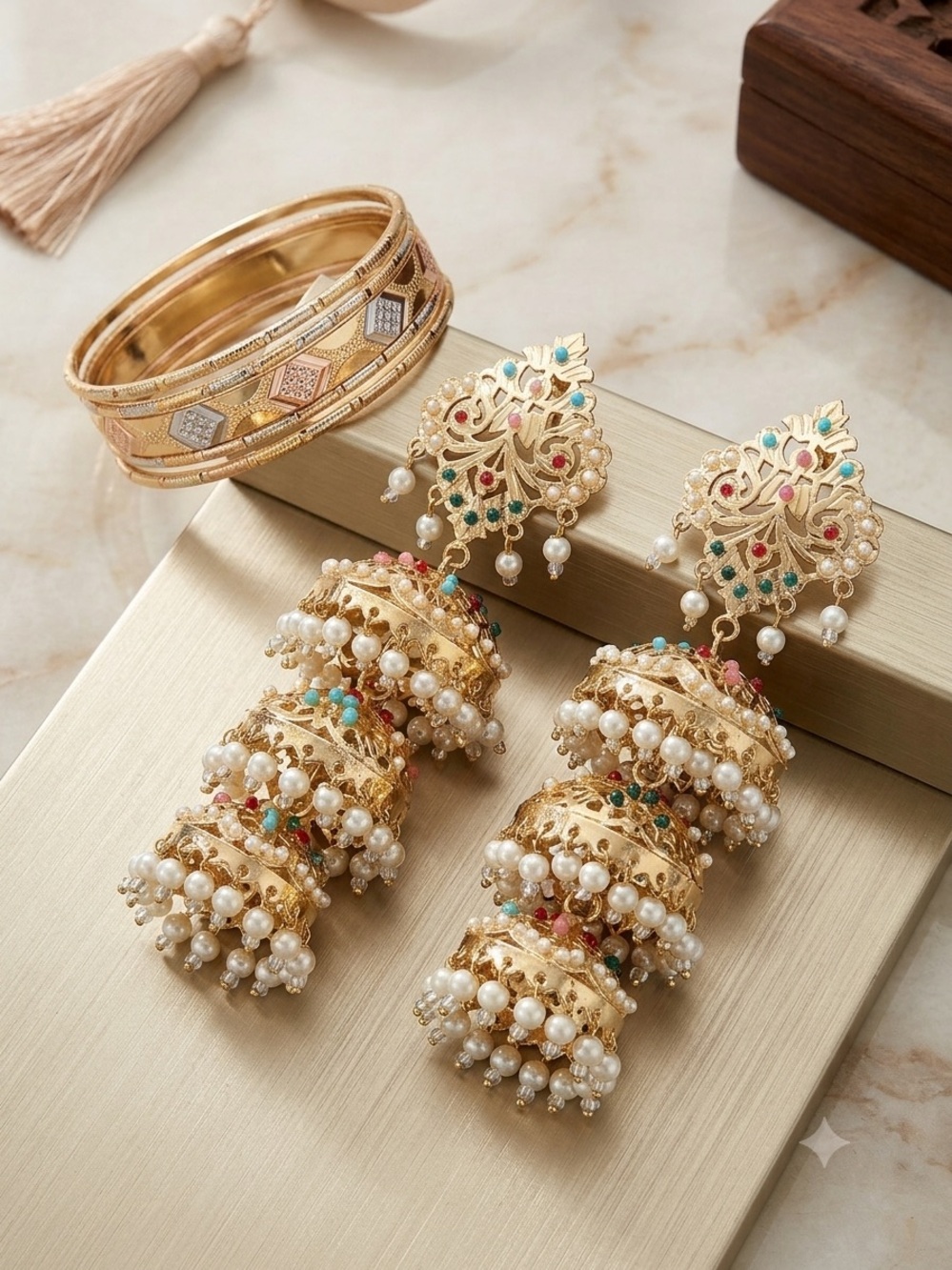 Gold-Tone Pearl Jhumka Earrings with 5 bangles Multicolor Accents Women Jewelry